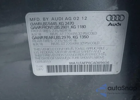 2012 Audi Q5 2.0T Premium from USA, damaged, VIN WA1LFAFP8CA089606